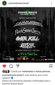 Summer Breeze Brasil confirma Gamma Ray, Black Stone Cherry, Overkill e Nestor